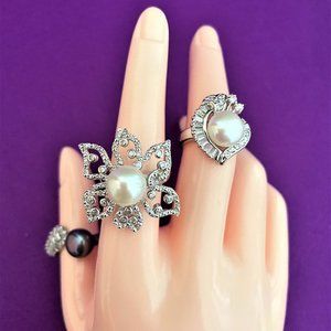 SET OF 3 RINGS 10-10.5MM CULTURED PEARLS BLACK OR WHITE WITH CZ SIZE 9